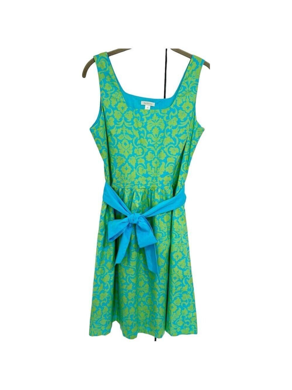Garnet Hill Cotton Dress Size 8 Green Blue Boho Preppy Print Sleeveless Tie Belt